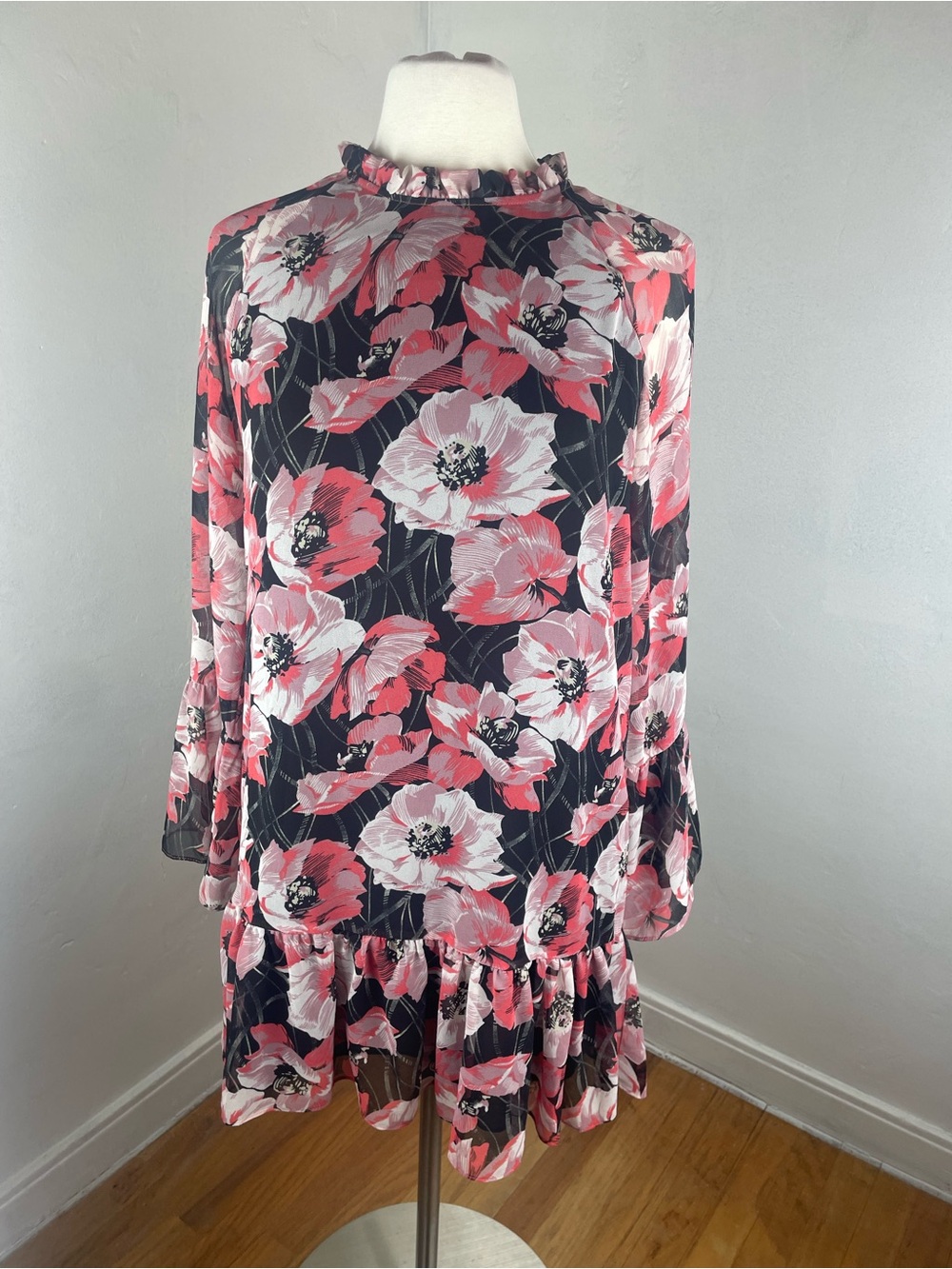 Misa Los Angeles Black Floral Long-Sleeve Ruffle Hem Dress